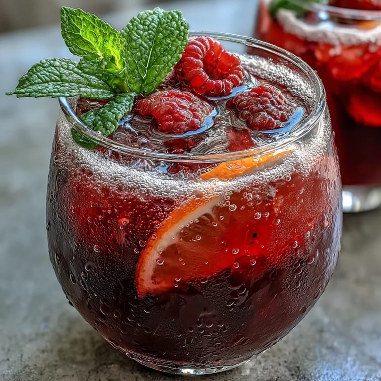 Garnished raspberry lemon mocktail in a glass, featuring juicy berries, lemon slices, and mint leaves for a colorful, festive presentation.