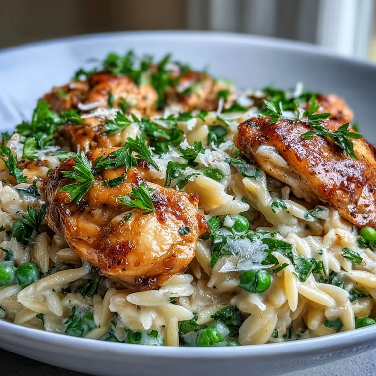 Bright One-Pot Lemon Orzo with Chicken and Peas: Juicy chicken, al dente orzo, and vibrant peas in a buttery lemon sauce, all cooked in one pot.