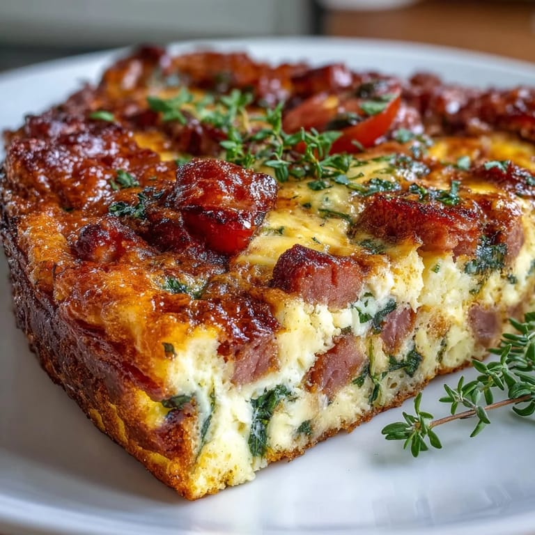 Savory Ham and Swiss Frittata baked until fluffy, featuring tender spinach, cherry tomatoes, and nutty Swiss cheese in every slice.