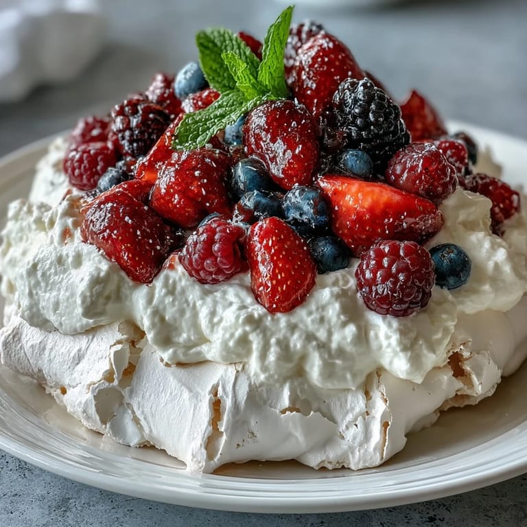 3. Classic pavlova dessert featuring a light, marshmallowy meringue base, velvety vanilla whipped cream, and a bountiful arrangement of fresh spring berries.