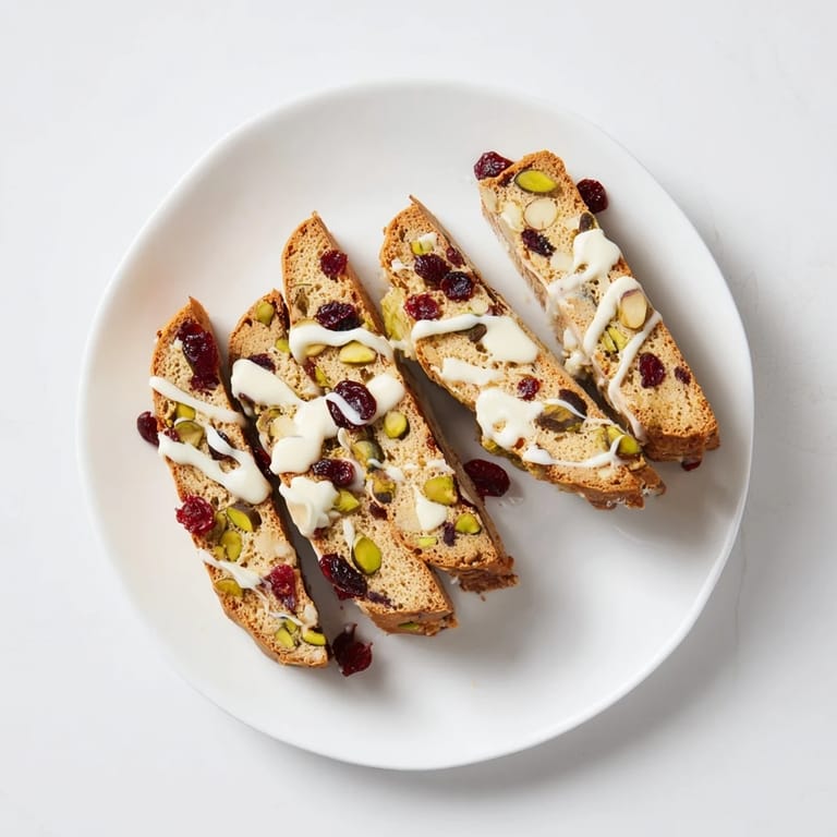 Drizzled white chocolate accents these cranberry pistachio biscotti, a perfect Italian cookie for coffee or gifting.