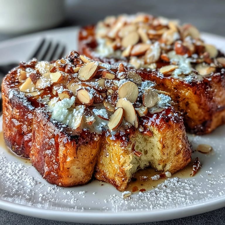 Decadent Almond Croissant French Toast features thick brioche slices soaked in almond cream, pan-fried to golden perfection, and topped with crunchy toasted almonds.