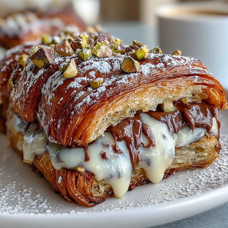Indulgent French toast made with buttery croissants, creamy custard, and chocolate, finished with a sprinkle of pistachios and powdered sugar.