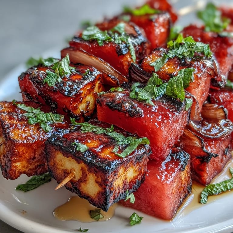 Golden halloumi cheese, sweet watermelon, and crisp mint combine on skewers for a savory, refreshing Mediterranean bite.