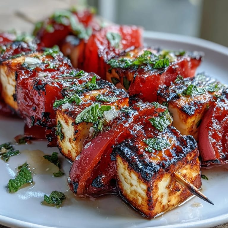 These colorful grilled halloumi skewers feature caramelized watermelon and aromatic mint for a dazzling vegetarian starter.