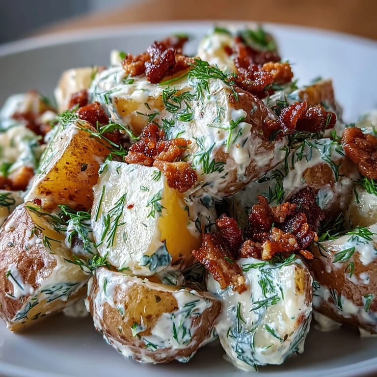 A festive side dish of dill-infused potato salad with smoky bacon bits, garnished with extra herbs for a Memorial Day spread.