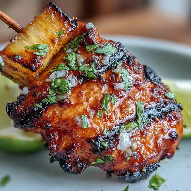 Smoky al pastor chicken and pineapple skewers sizzling on the grill, infused with citrus, chiles, and warm spices for authentic Mexican-inspired taste.