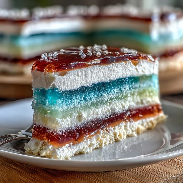 Multi-colored agar-agar jelly cake featuring red, orange, yellow, green, blue, and purple layers with silky coconut cream.  