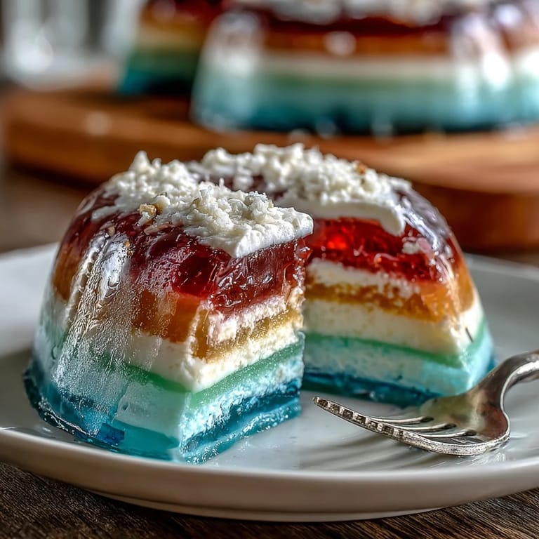 Dairy-free rainbow jelly cake made with agar-agar, showcasing stunning layers and luscious coconut cream topping.