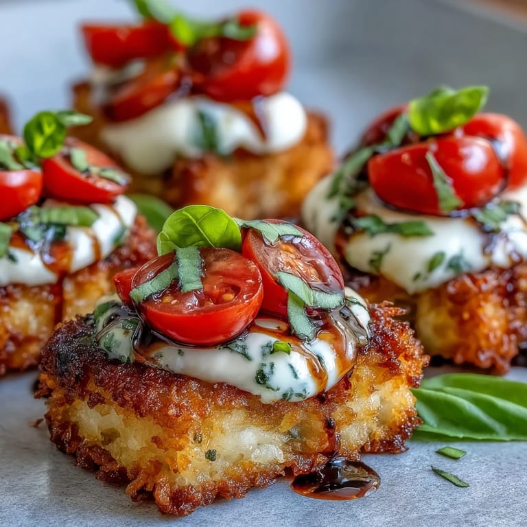 Vibrant Crispy Rice Caprese Bites, a perfect party appetizer with delightful textures.