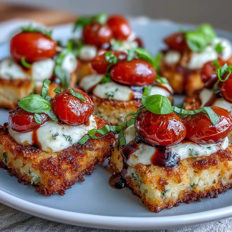 Italian-inspired Crispy Rice Caprese Bites drizzled with balsamic glaze, ready to savor.