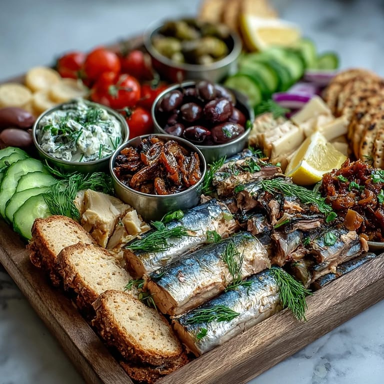 Artisanal tinned fish picnic board arranged invitingly with lemon wedges and fresh herbs.