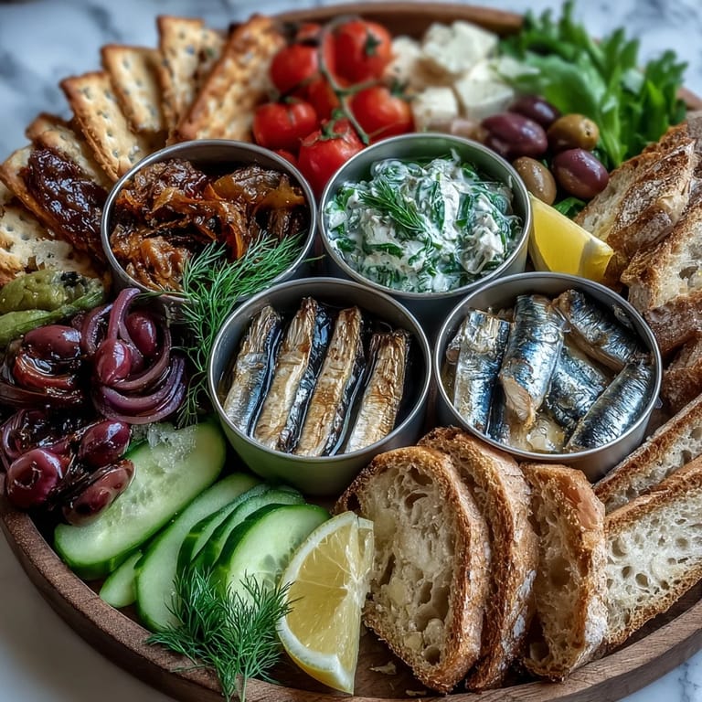 Colorful tinned fish picnic board, perfect for easy outdoor entertaining with savory bites.