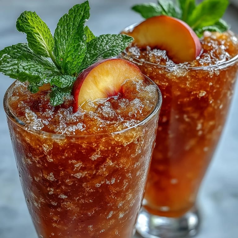 Glistening Peach Iced Tea Slushies with fresh peach garnish, ready to serve.