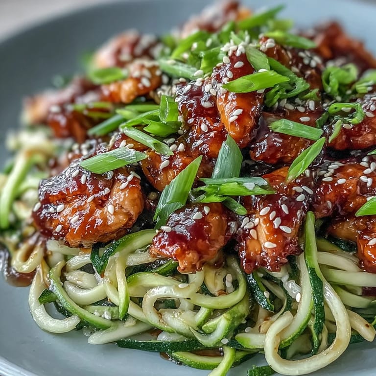 Golden honey garlic chicken surrounds al dente zucchini noodles, ready to enjoy.
