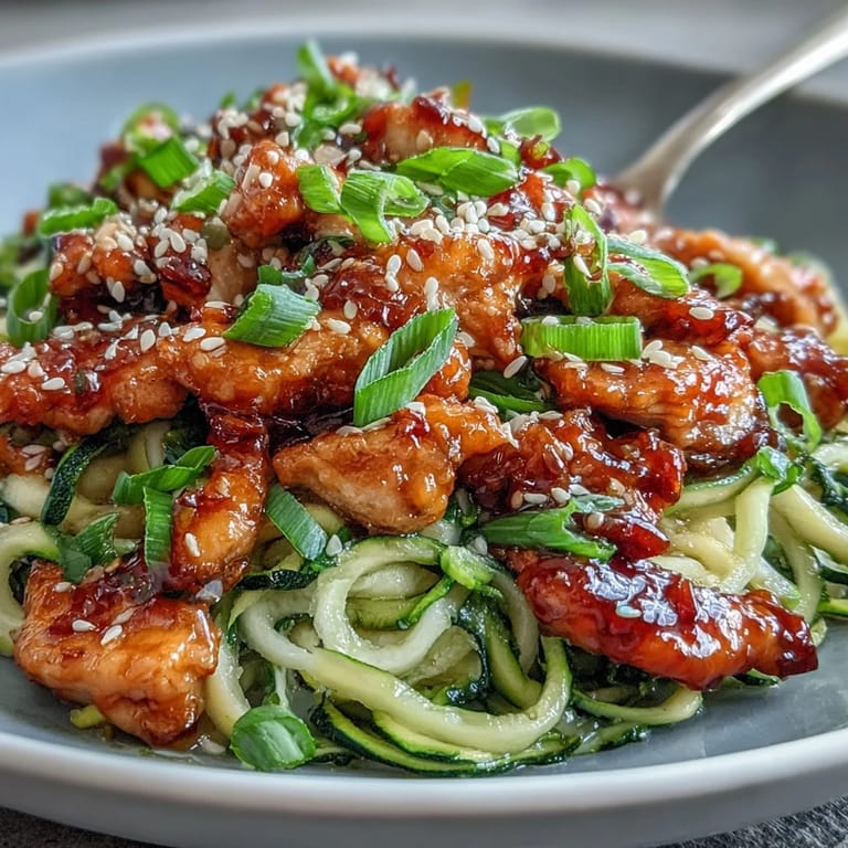 Savory honey garlic chicken melds with fresh zucchini noodles for a quick meal.
