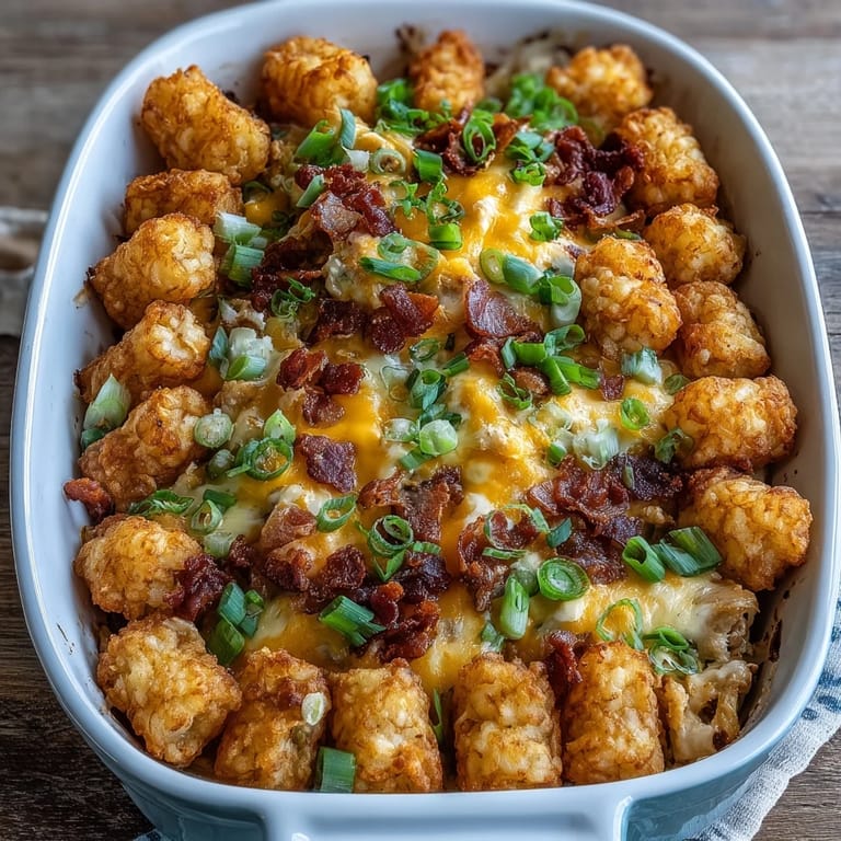 Hearty Chicken Bacon Ranch Tater Tot Casserole topped with crispy bacon and tots.
