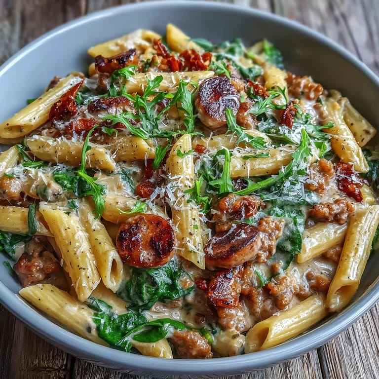 Hearty one-pot pasta featuring tender sausage, creamy pumpkin sauce, and herbs.