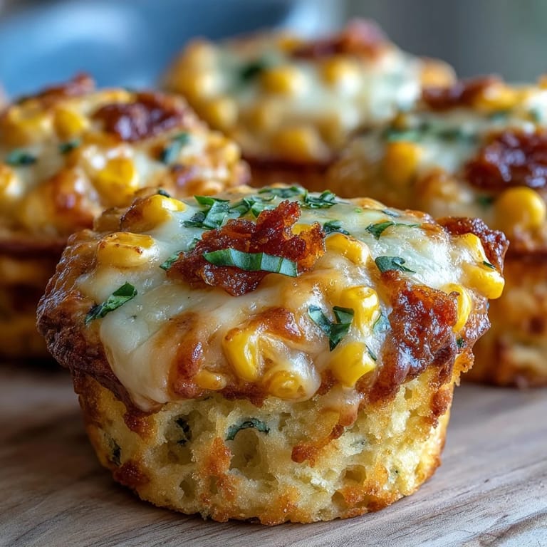 Close-up of tender Corn Cheddar Pizza Muffins, baked golden brown.