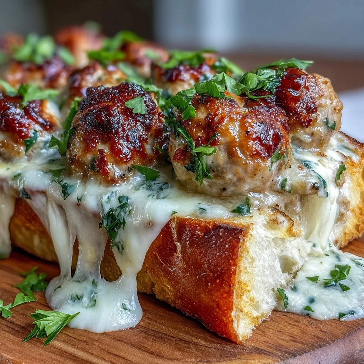 Hearty garlic Parmesan turkey meatball subs with creamy sauce, melted mozzarella, and toasted sub rolls.  