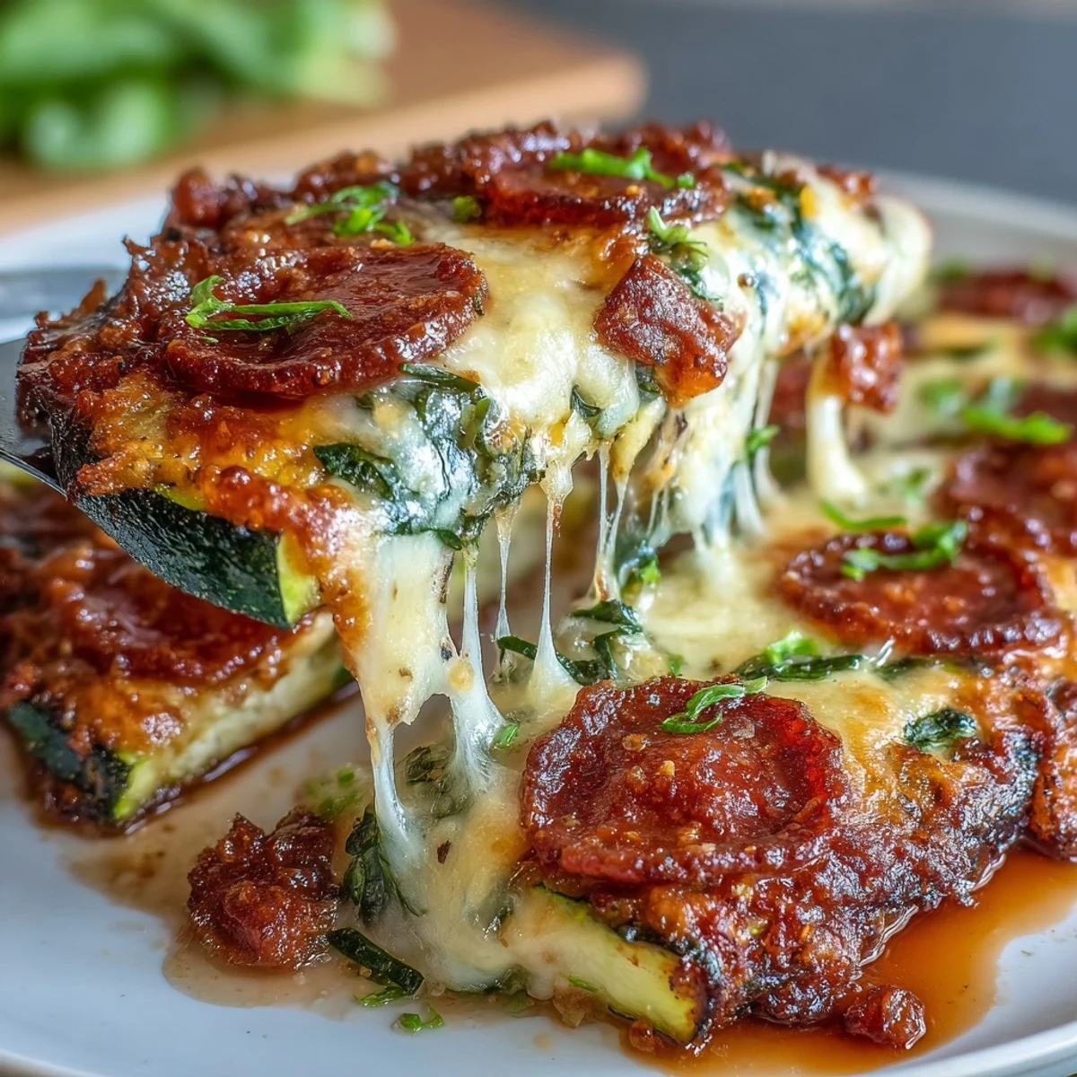 Keto Pepperoni Zucchini Pizza Boats with Mozzarella Melt, showcasing golden melted cheese and savory pepperoni slices atop fresh zucchini halves, perfect for a low-carb dinner.