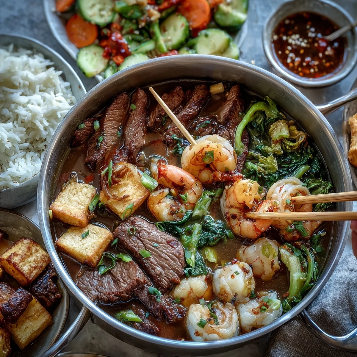 A steaming pot of Asian hot pot brimming with fresh vegetables, tender proteins, and noodles in savory broth at the table.  