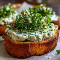 Elegant cream cheese and herb crostini board with golden toasted baguette slices, creamy herbed spread, and vibrant fresh herbs.