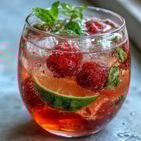 Vibrant Raspberry Lime Spritz cocktail with fresh raspberries, zesty lime slices, and sparkling water in a chilled glass, garnished with mint.