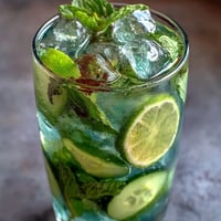 Refreshing virgin green mojito with lime, mint, and cucumber in a tall glass, garnished with fresh mint leaves and lime wedges.