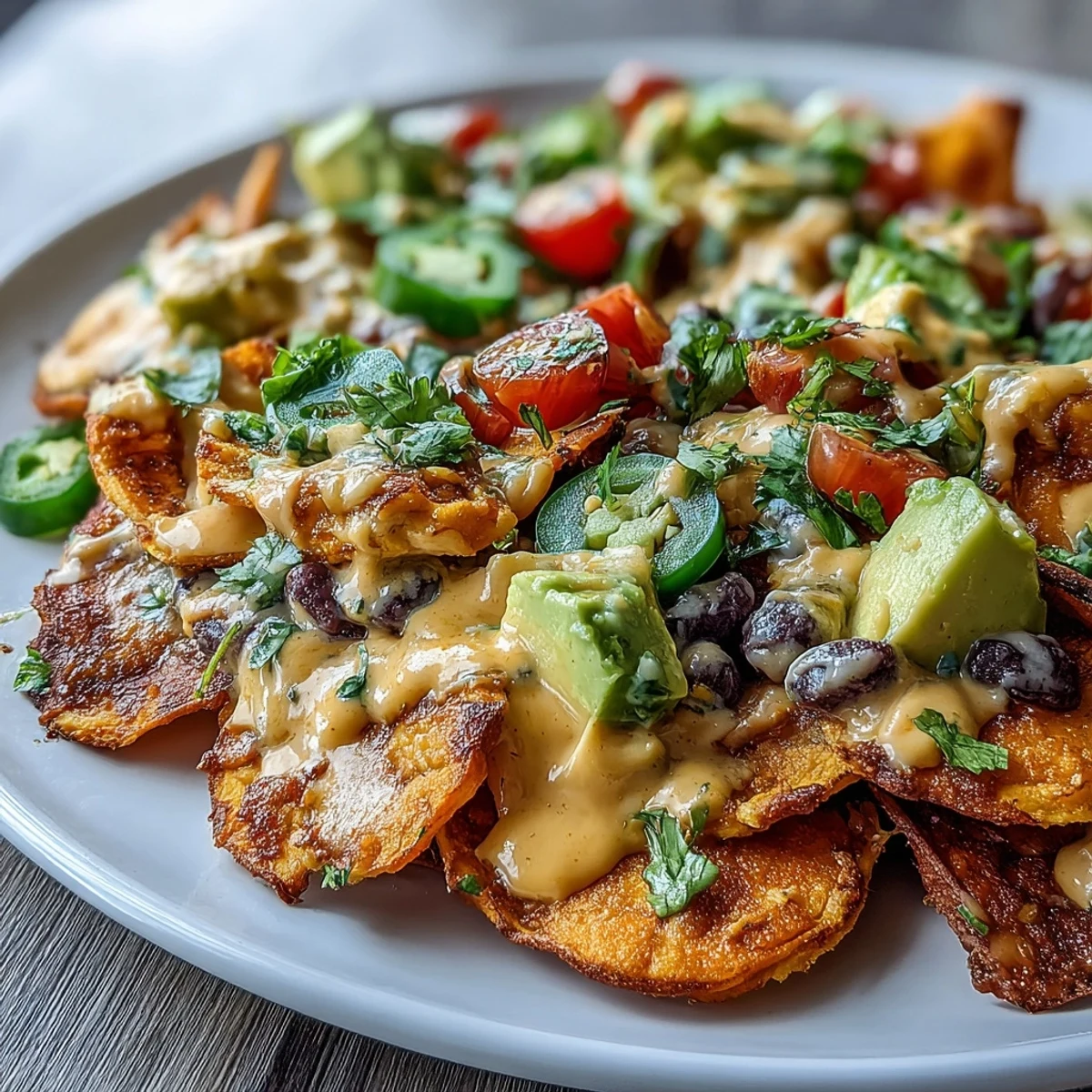 Colorful vegan sweet potato nachos piled high with black beans and drizzled with creamy cashew queso for a satisfying, dairy-free appetizer.