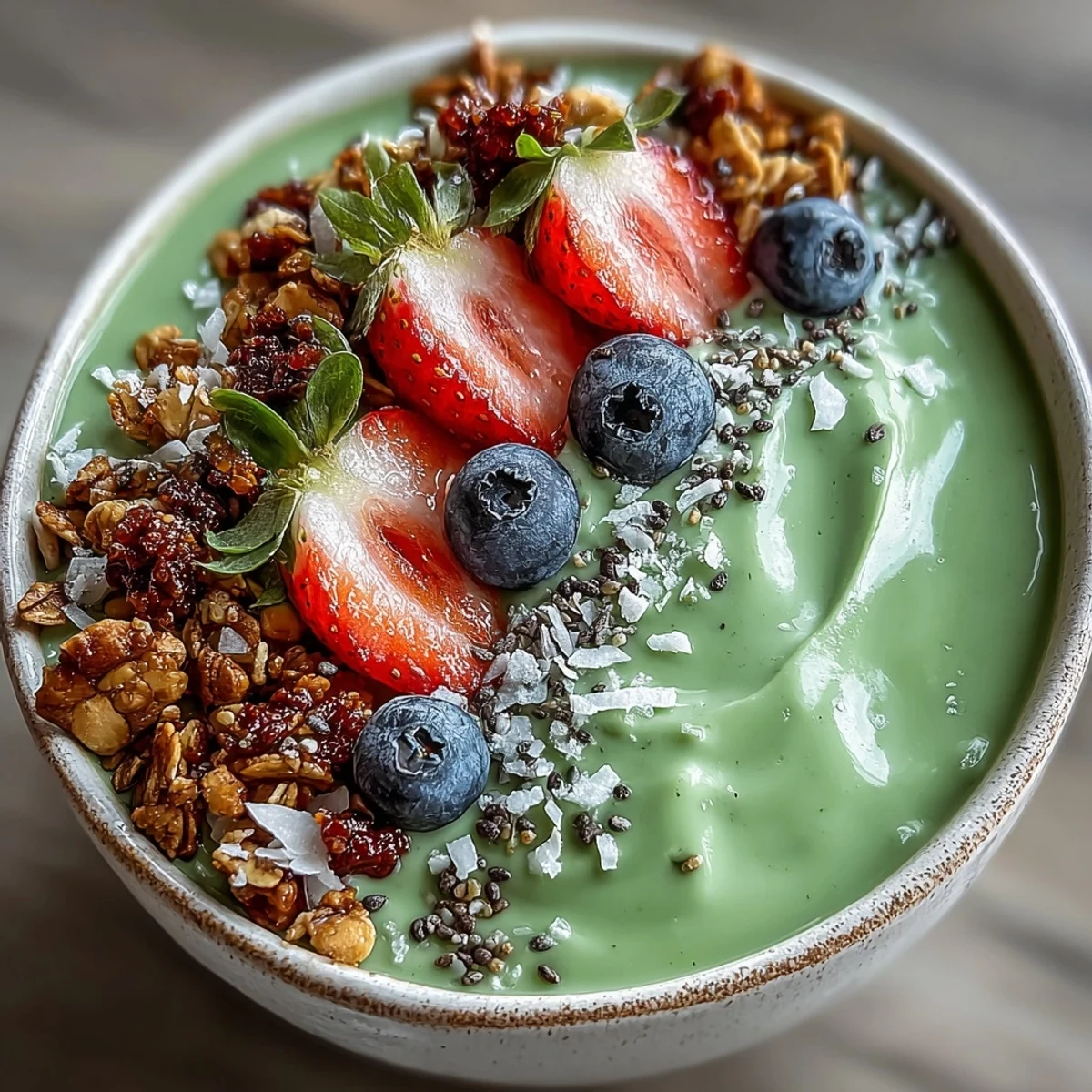 A vibrant, creamy matcha smoothie bowl with fluffy yogurt, topped with fresh strawberries, blueberries, and crunchy granola for a nourishing breakfast.