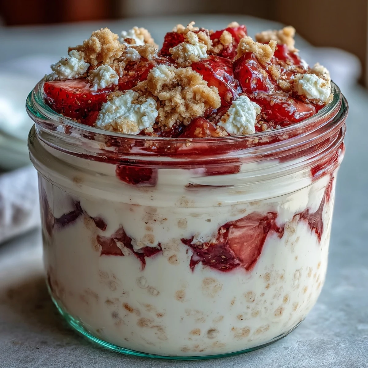 A jar of creamy cottage cheese strawberry cheesecake overnight oats with fresh strawberry chunks and a sprinkle of graham cracker crumbs.