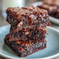 Triple chocolate sourdough brownies with espresso, rich and fudgy, topped with melted dark, milk, and white chocolate chunks.  