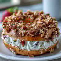 Strawberry Cheesecake Protein Bagels with Crumble Topping: Soft, golden bagels filled with creamy cheesecake and fresh strawberries, topped with a buttery oat crumble.