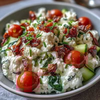 Savory cottage cheese breakfast bowl with veggies, topped with fresh herbs and a drizzle of olive oil for a protein-packed morning meal.  