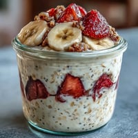 Creamy strawberry banana overnight oats with chia seeds, topped with fresh fruit for a healthy breakfast.  