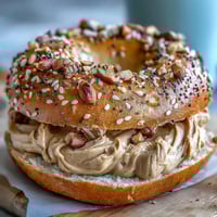 High-protein bagels with Greek yogurt everything dip, soft and chewy, topped with classic seasoning and served warm.
