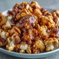 A colorful bowl of caramel popcorn mixed with dried apples and candy pieces for a festive snack.