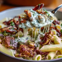 Creamy Crockpot Mississippi Chicken Pasta with tender chicken and tangy pepperoncini in a rich, cheesy sauce.