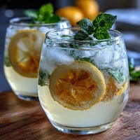 Limoncello sorbet float with sparkling water in chilled glasses, garnished with lemon zest and mint leaves.