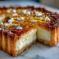 Zesty lemon tart with golden buttery crust, garnished with fresh berries and mint leaves for a bright, elegant dessert.
