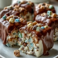 Festive St. Patrick's Day treats board with Lucky Charms bark, colorful candies, and fresh fruit for a sweet celebration spread.