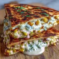 Cinco de Mayo Street Corn Quesadillas with Chipotle Crema, featuring roasted corn, melty cheese, and smoky chipotle drizzle.
