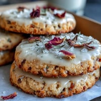 1. Delicate Mothers Day floral shortbread cookies decorated with edible rose petals and lavender, arranged in a rustic wooden box for gifting.