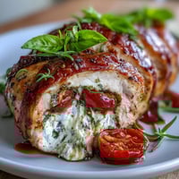 Caprese Stuffed Chicken Breast with melted mozzarella, ripe tomatoes, and fresh basil, baked golden and drizzled with balsamic glaze.