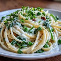 Creamy lemon pasta with peas and spinach in a bright, silky sauce, garnished with Parmesan and fresh chives.