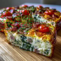 One-Pan Ham and Swiss Frittata with golden edges and gooey cheese melting over diced ham and fresh vegetables.