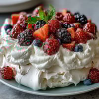 1. Pavlova with fresh berries and cream: a crisp, airy meringue topped with silky whipped cream and a vibrant medley of seasonal berries.  