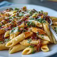 Creamy pink sauce pasta with tender penne in a blush tomato-cream blend, garnished with fresh basil and parmesan.