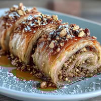 Crispy phyllo rolls bursting with crushed pistachios and a hint of cinnamon, drizzled with fragrant orange blossom syrup.